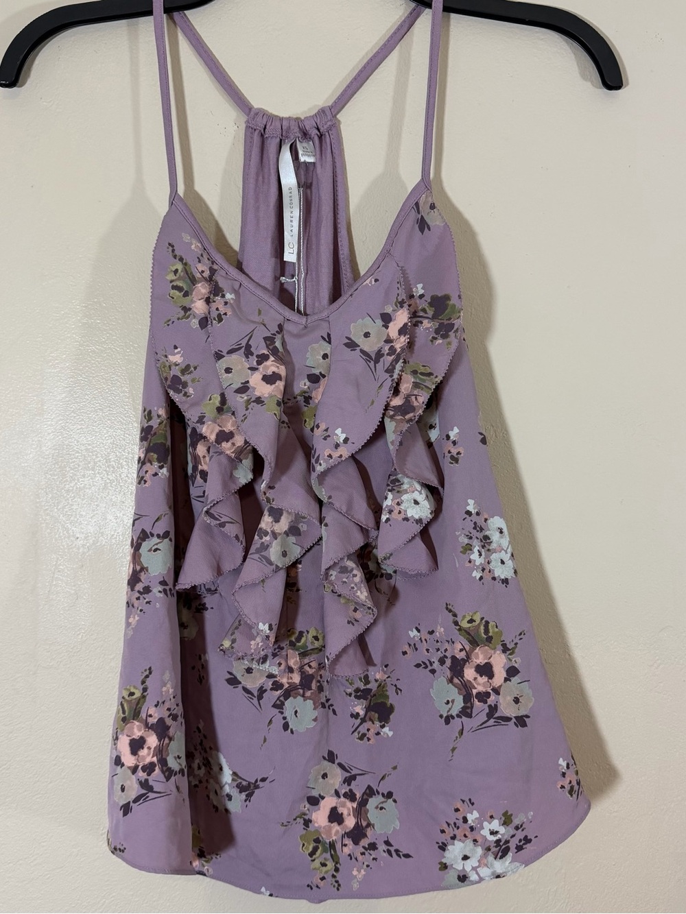 LC Lauren Conrad Purple Floral Ruffle Racerback Cami Tank Top Size XS